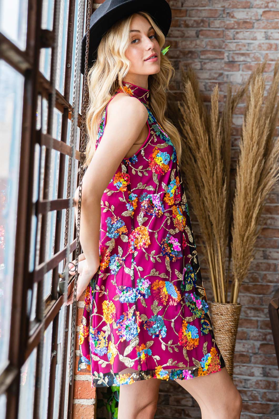 BL71333W-Sequin Floaral Emboid Hulter Mini Dress