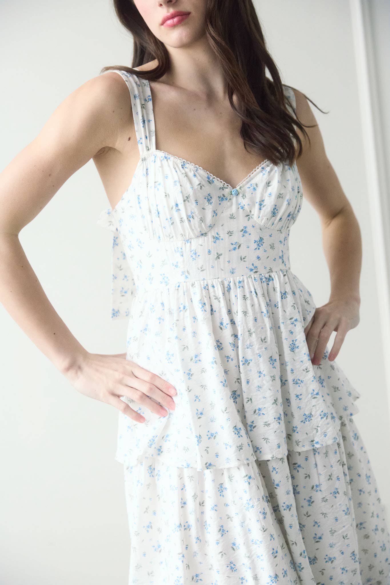 Fabiola FLORAL SLEEVELESS CORSET RUFFLE TIERED MIDI DRESS