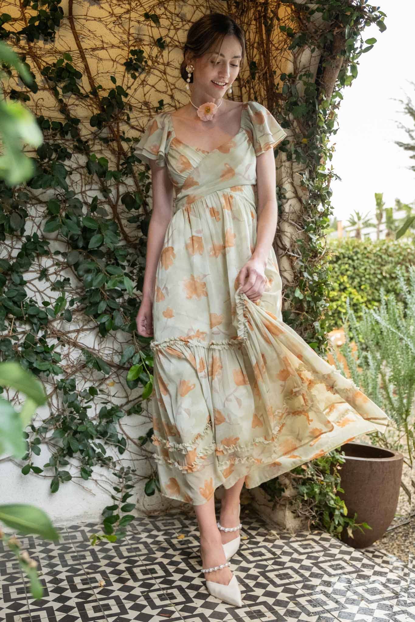 SASHA WAIST CUT OUT RUFFLE MIDI DRESS