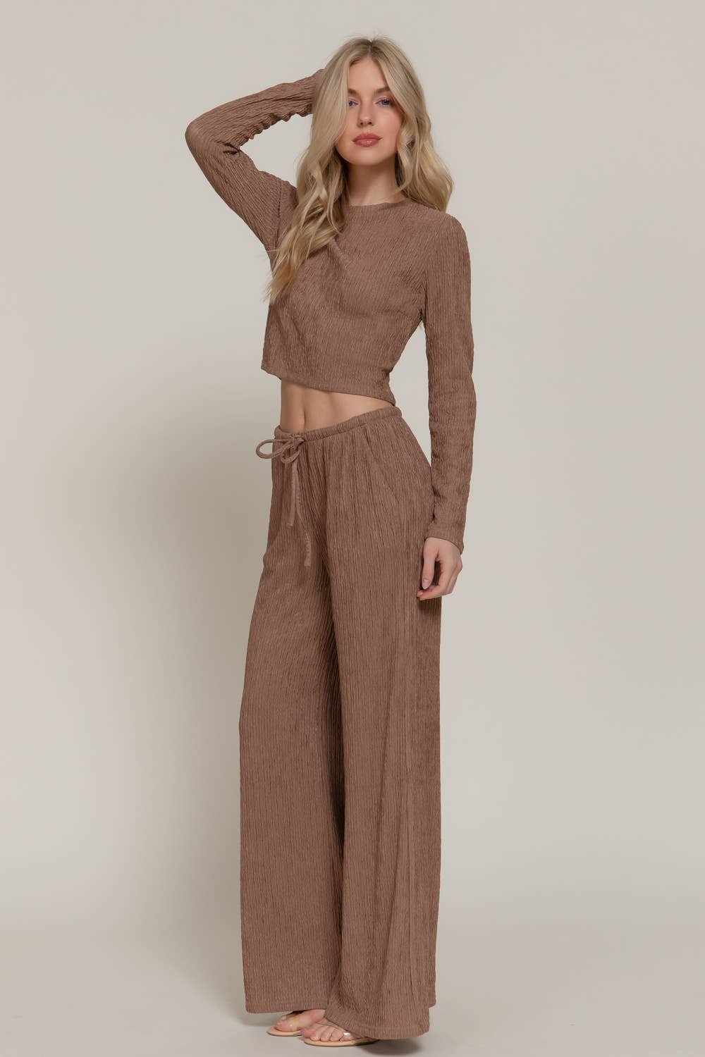 LOUNGE SET Long Sleeve Crew Neck Top & Waist Tie Long Pants Set