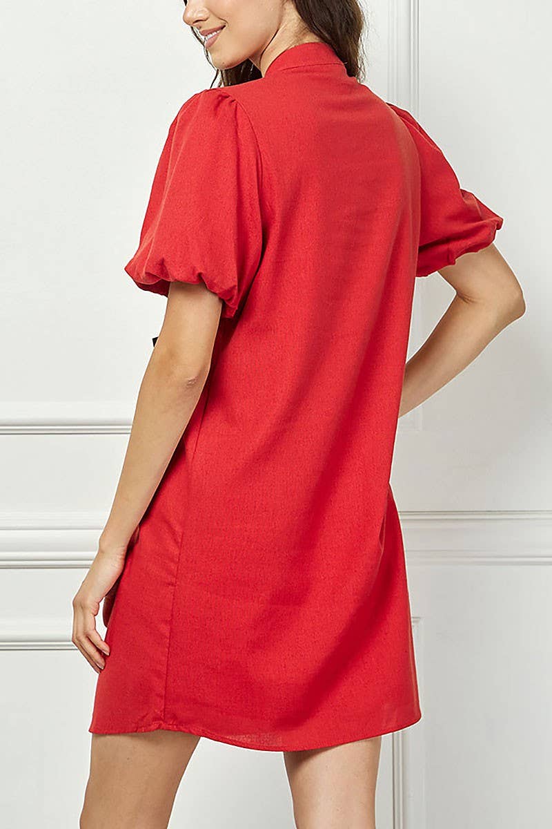 BOWNITA BUBBLE SLEEVES BOW DETAILED SHIFT MINI DRESS