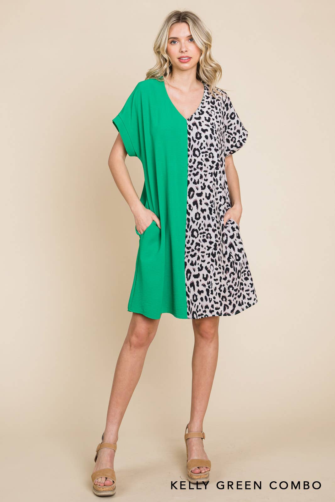 20346W-Air Flow & Leopard Print Color Block V Neck Dress