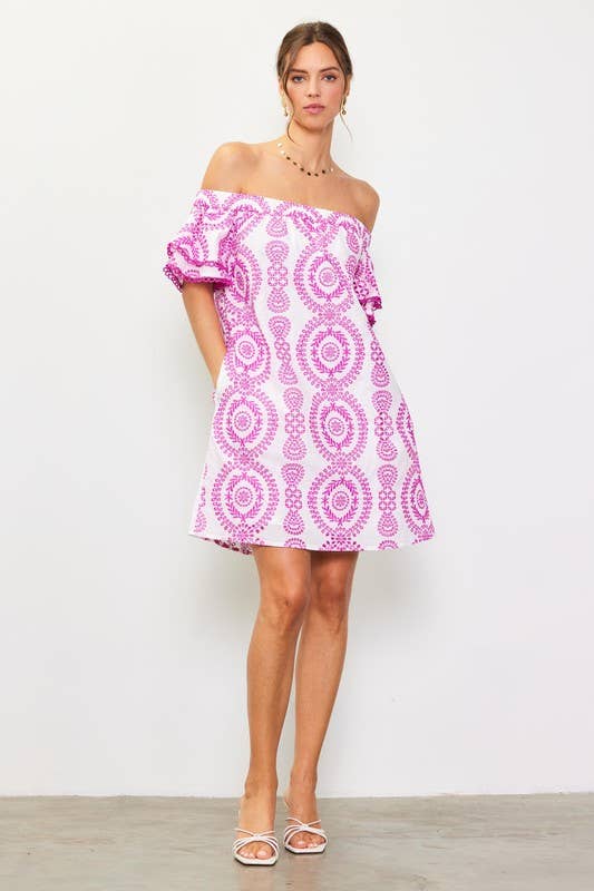 Elle Embroidered Eyelet Off Shoulder Dress