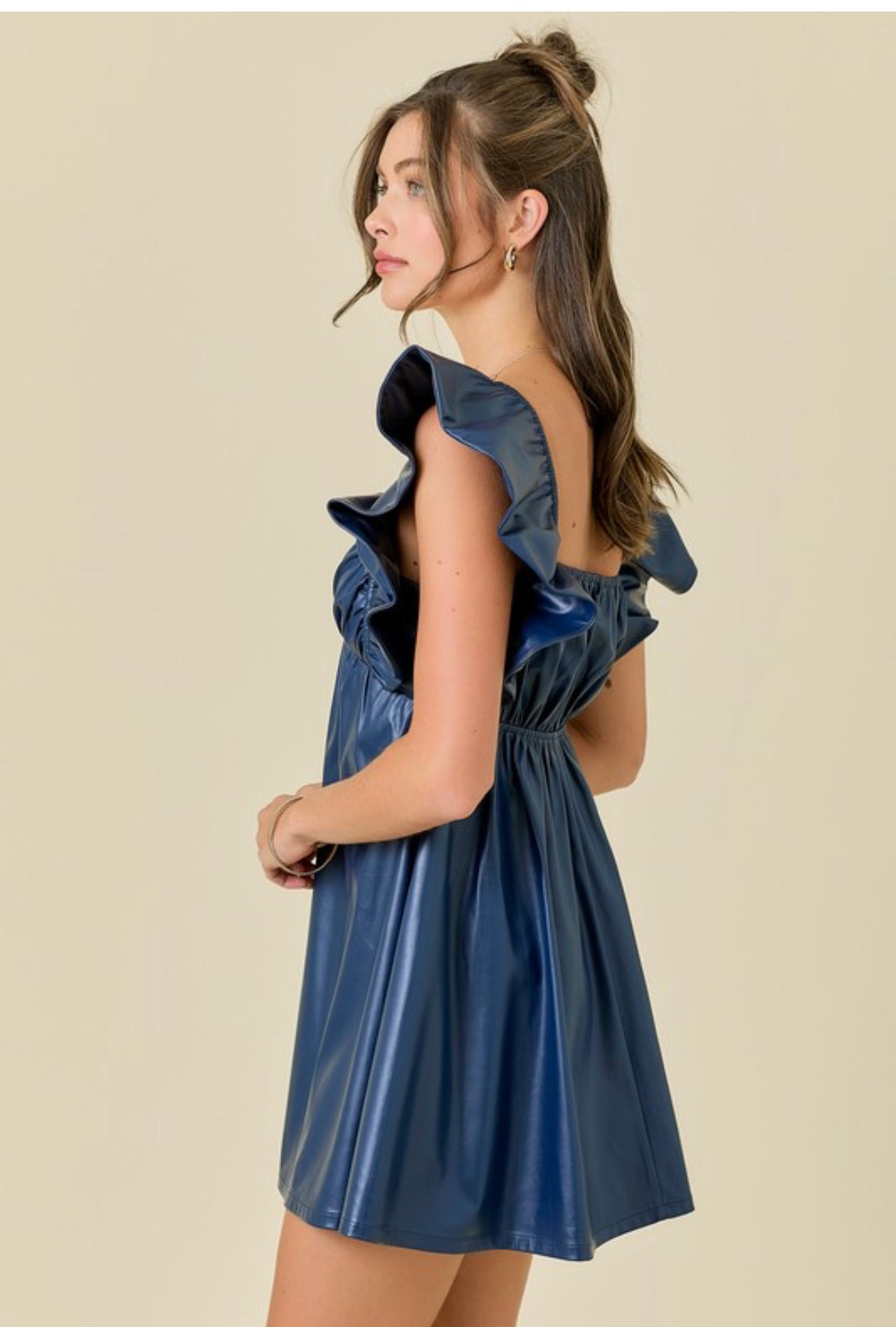 Paula PU V Neck Flutter dress