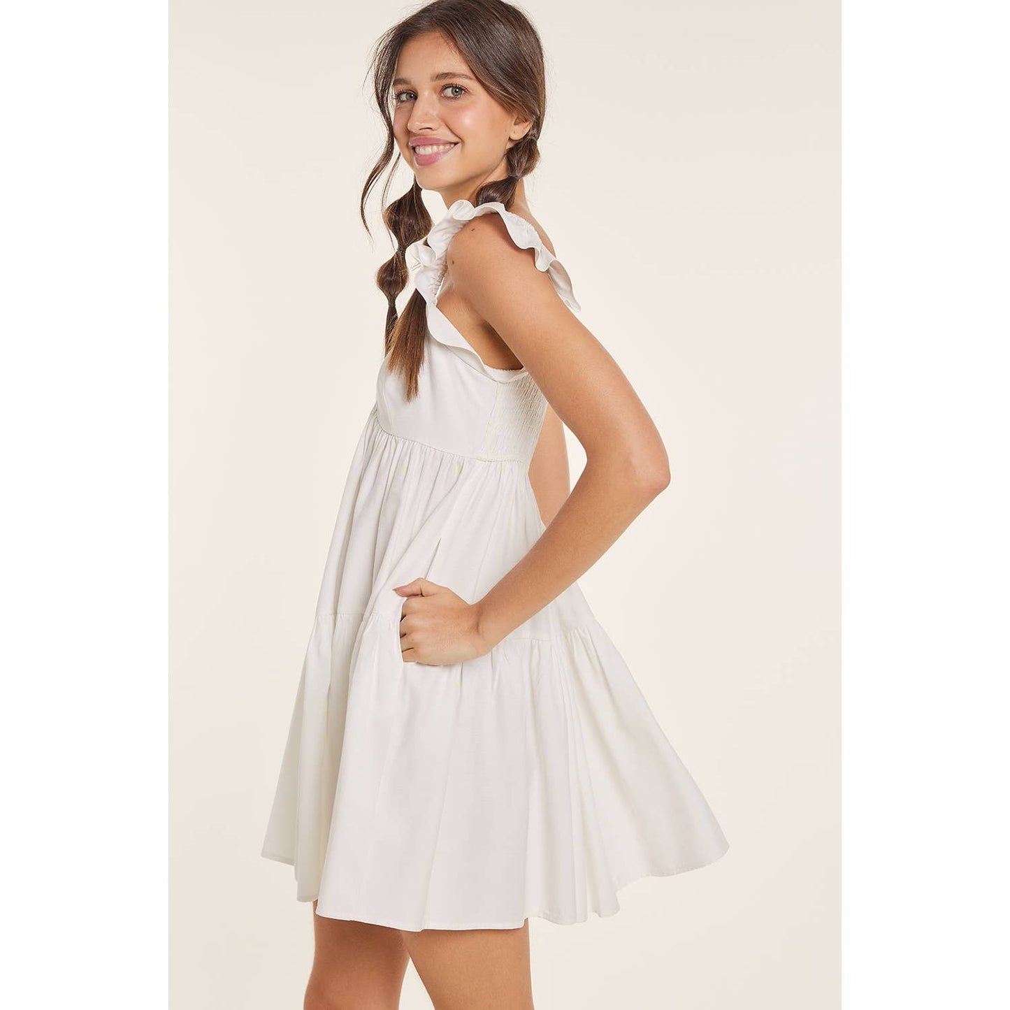 RUFFLED SHOULDER BABYDOLL MINI DRESS