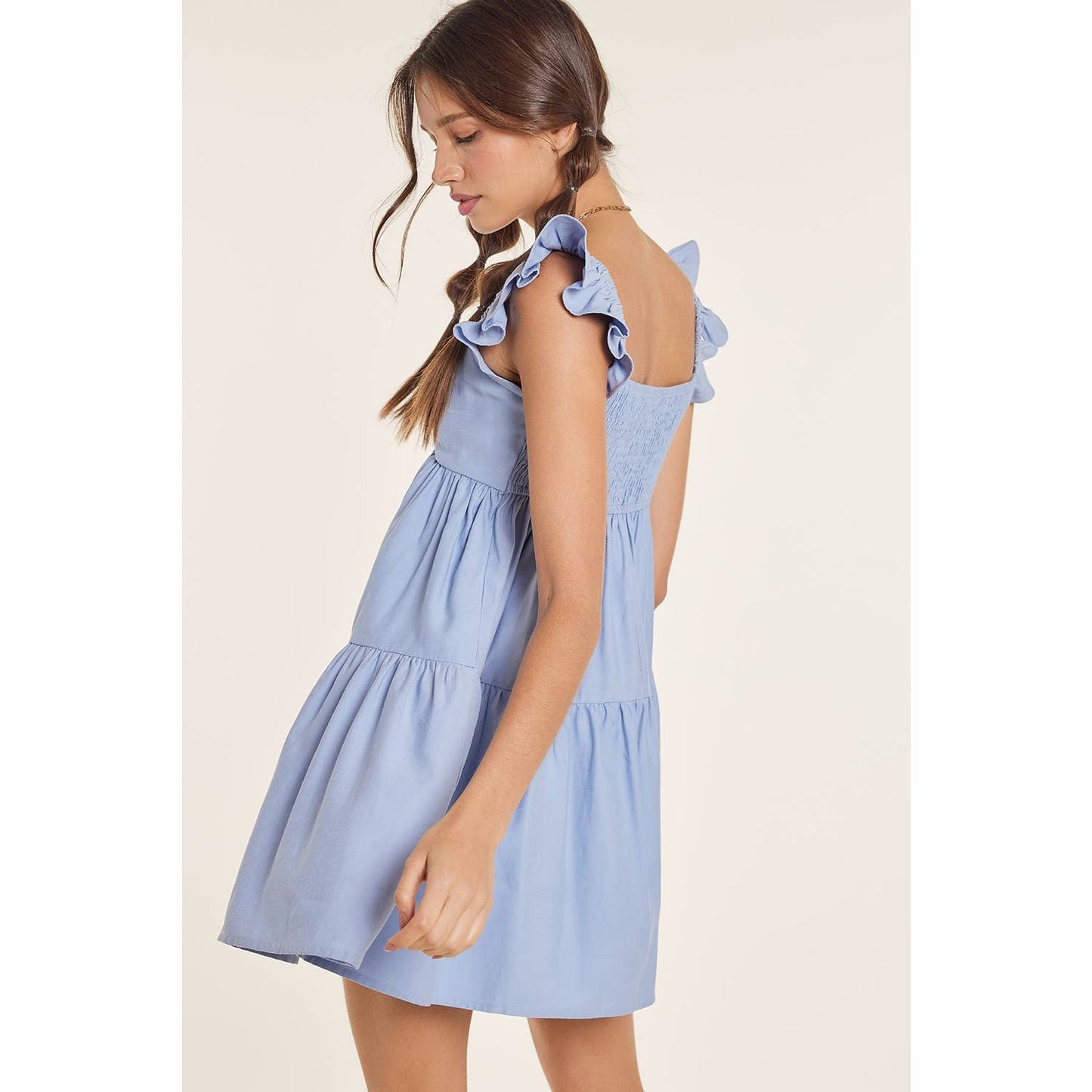 RUFFLED SHOULDER BABYDOLL MINI DRESS