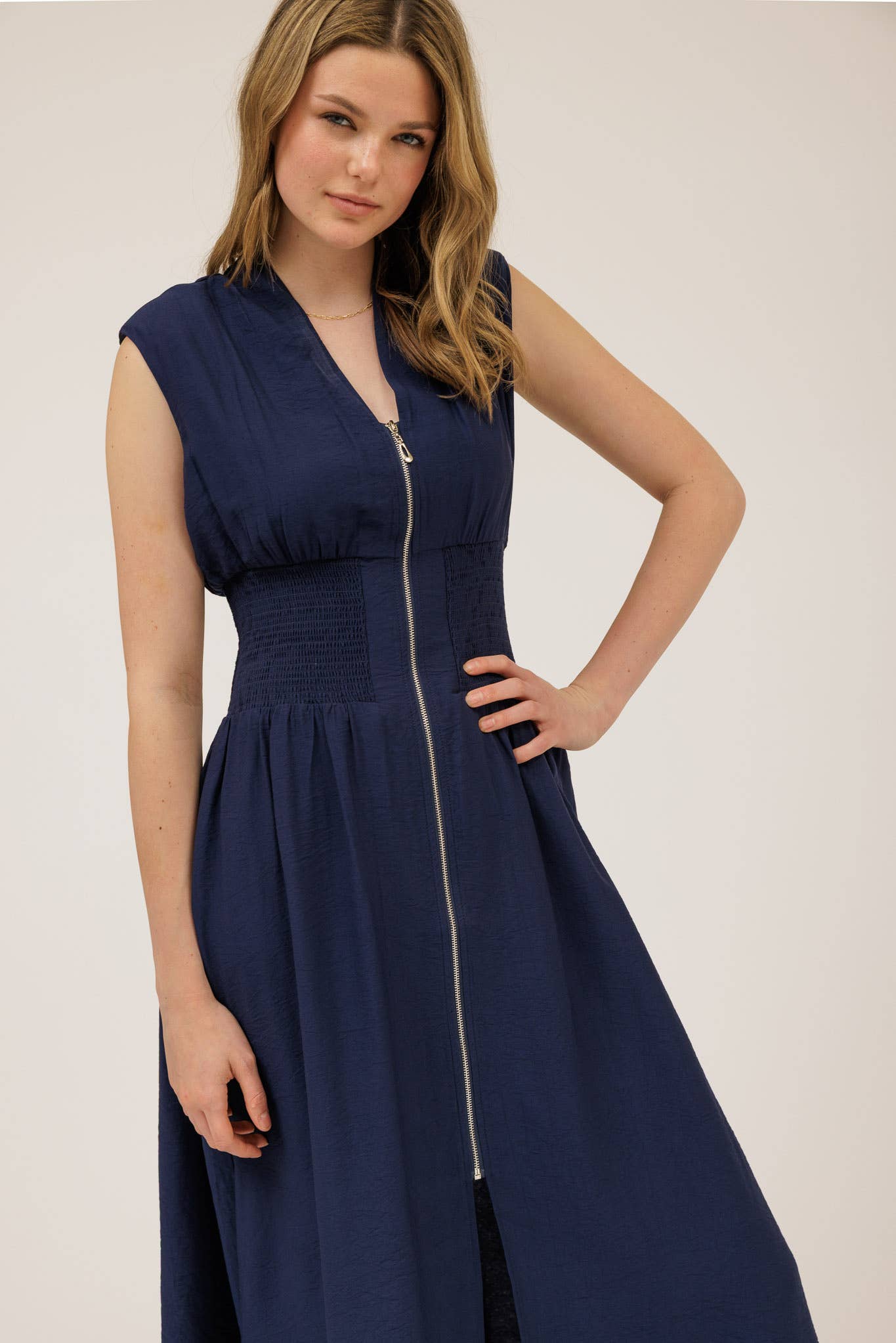 Sylvia SLEEVELESS ZIP-UP SMOCKED WAIST MIDI DRESS