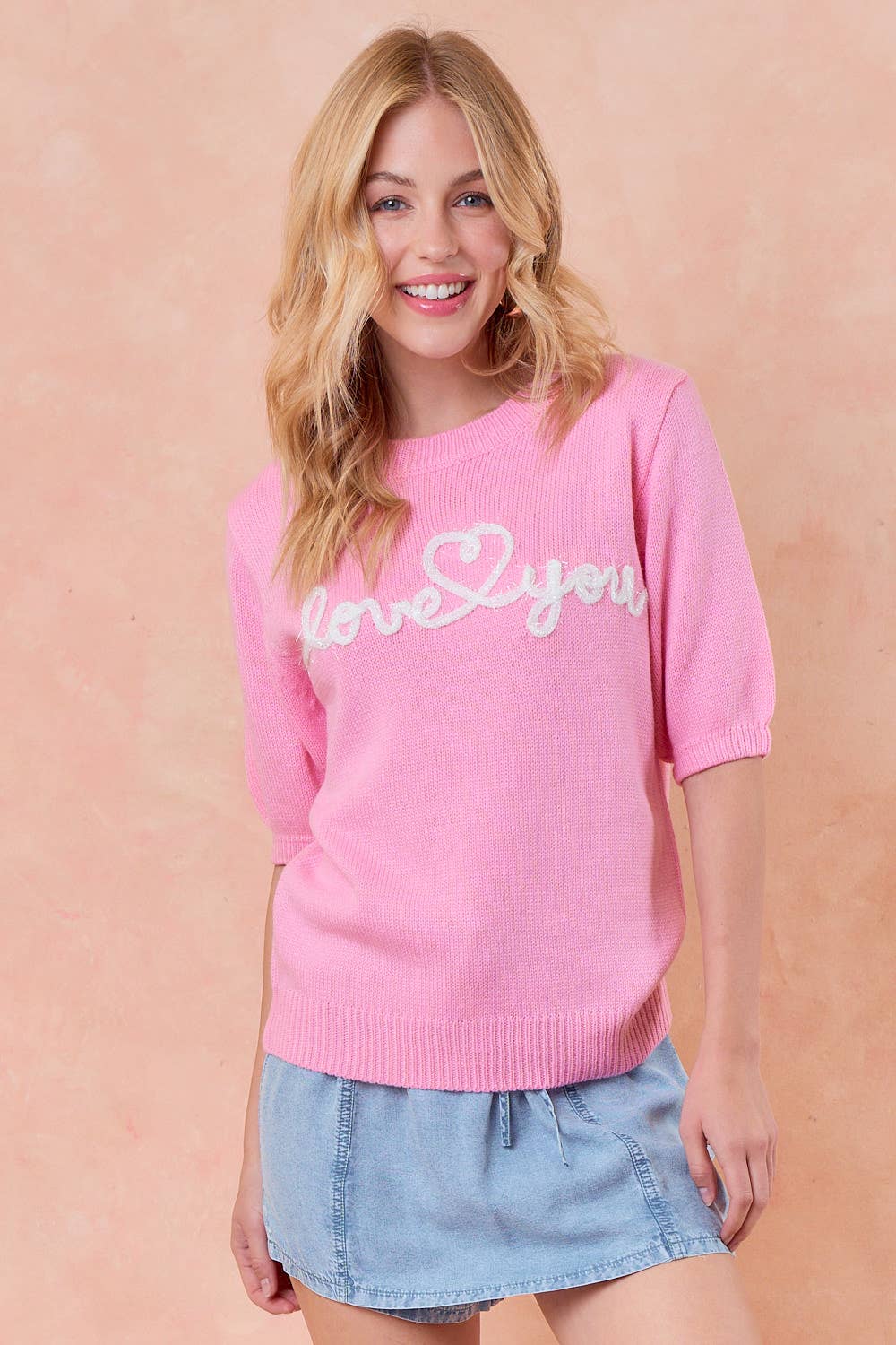 LOVE YOU Embroidery Puff Short Sleeve Sweater Top -