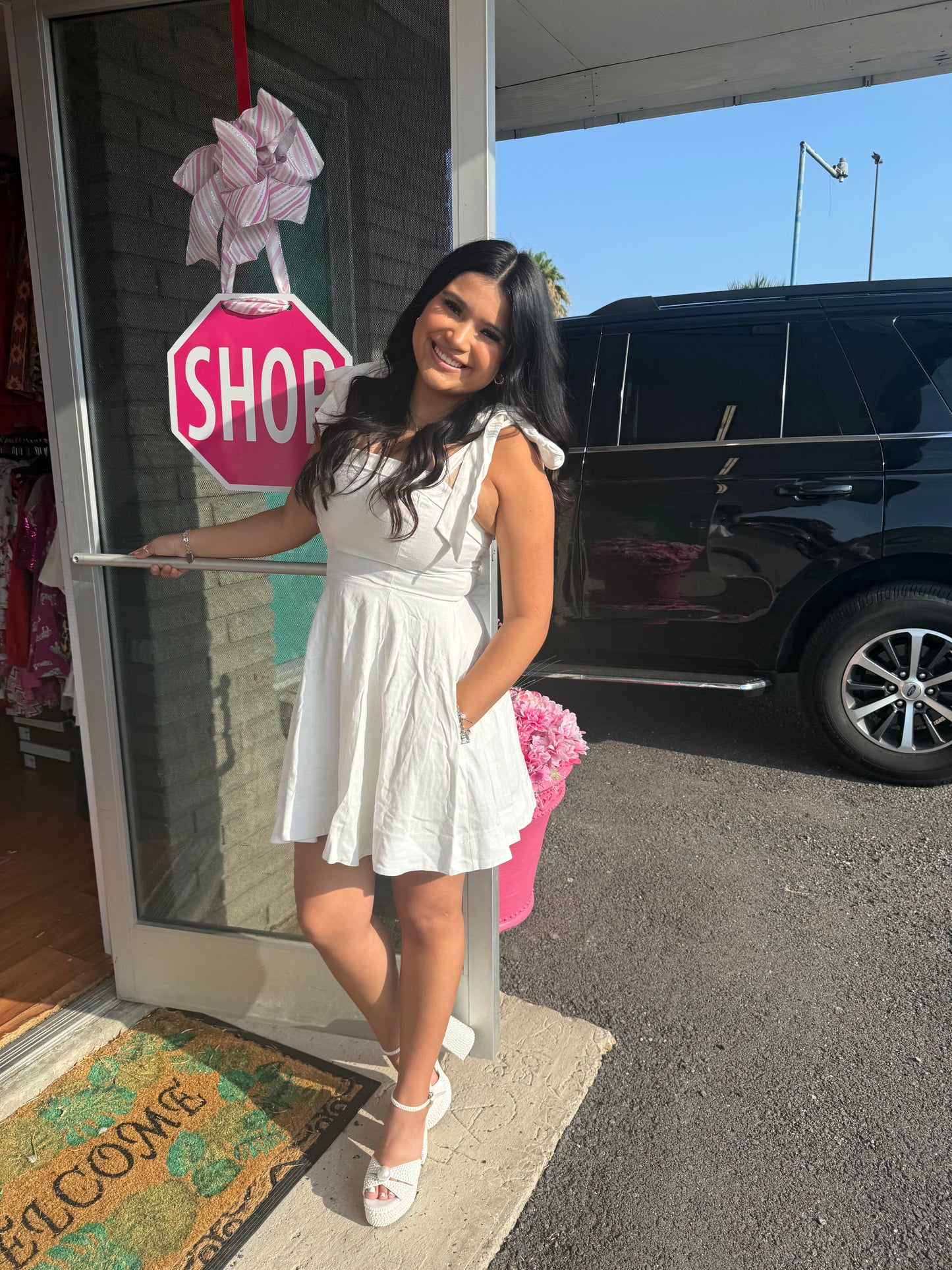 Winnie white linen shoulder tie dress