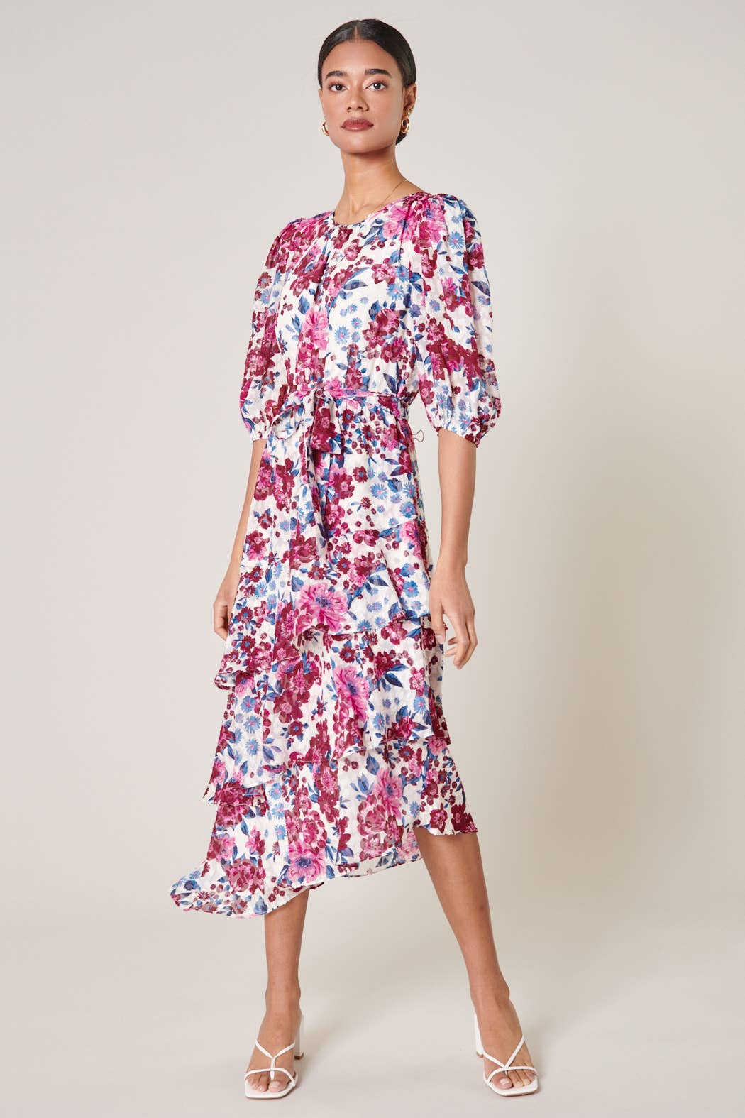 Monique Floral Asymmetrical Ruffle Celia Midi Dress
