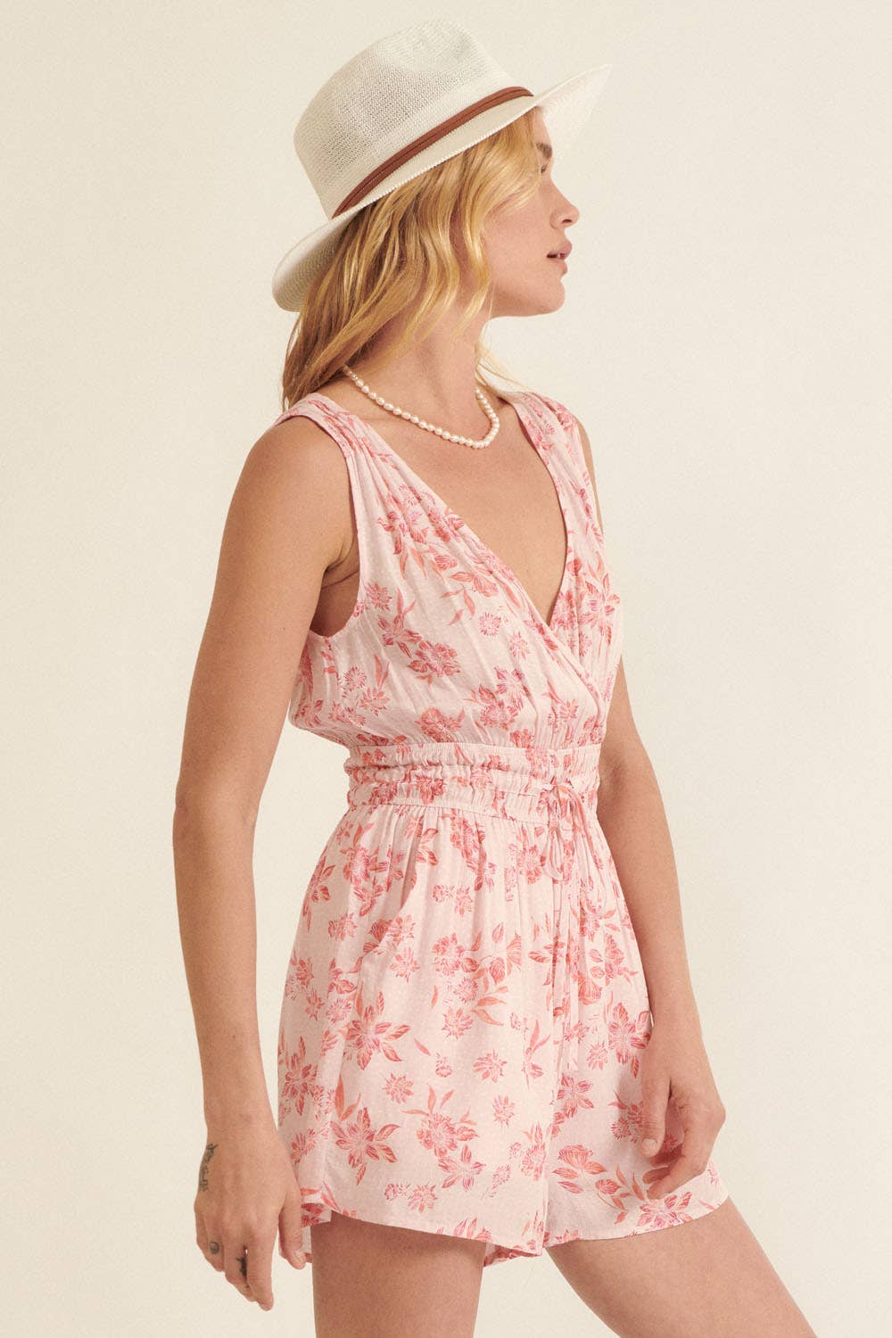 Faith Floral Surplice Neck Sleeveless Drawstring Romper
