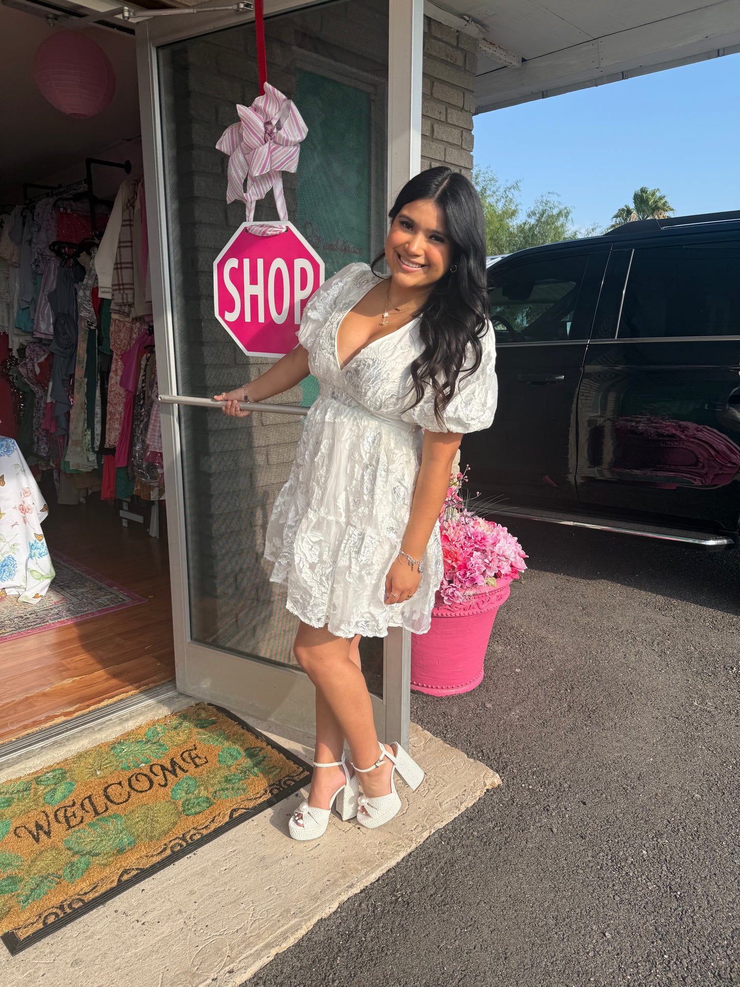 Whit white and silver dress