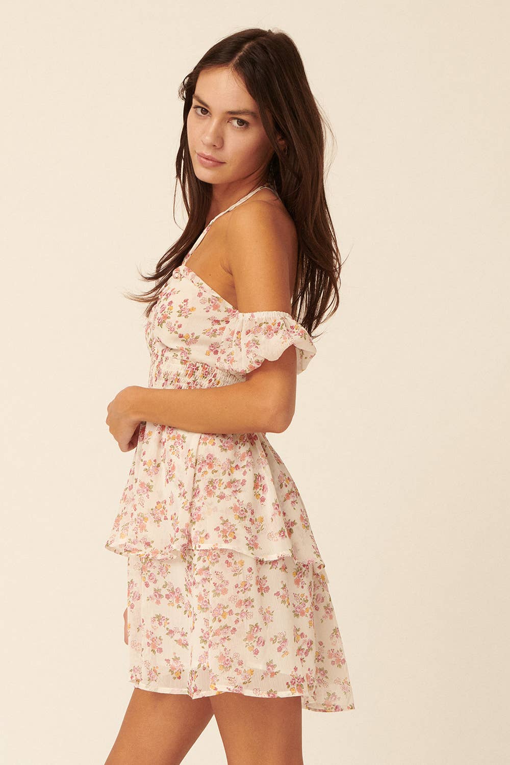 Frankie Floral Halter Off Shoulder Layered Mini Dress