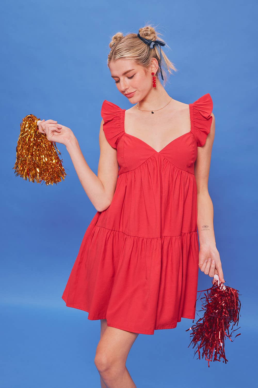 RUFFLED SHOULDER BABYDOLL MINI DRESS