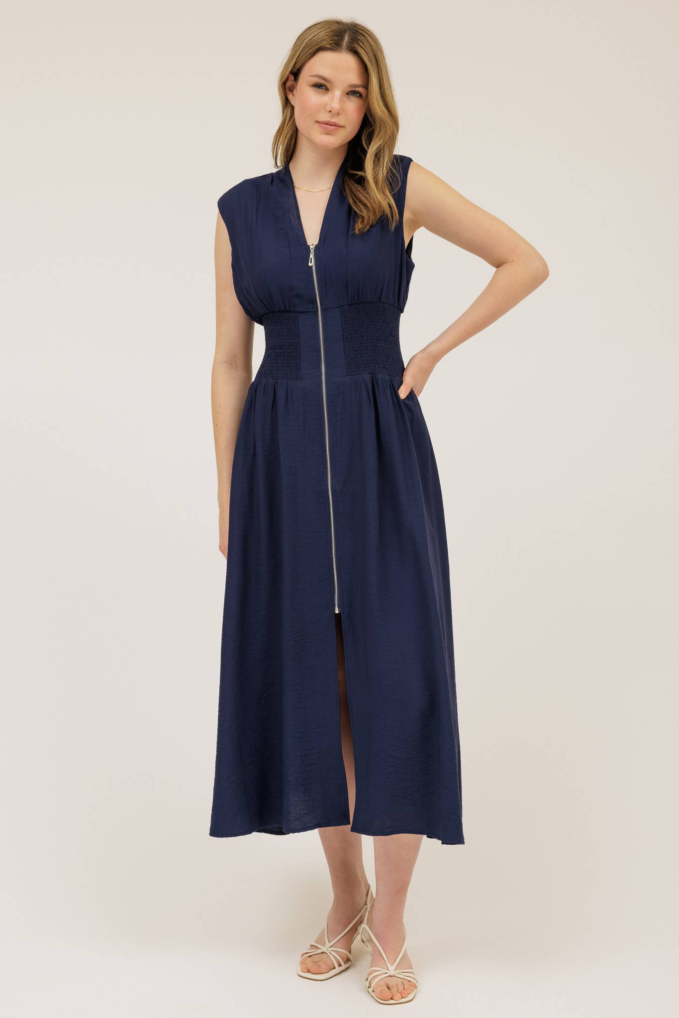 Sylvia SLEEVELESS ZIP-UP SMOCKED WAIST MIDI DRESS