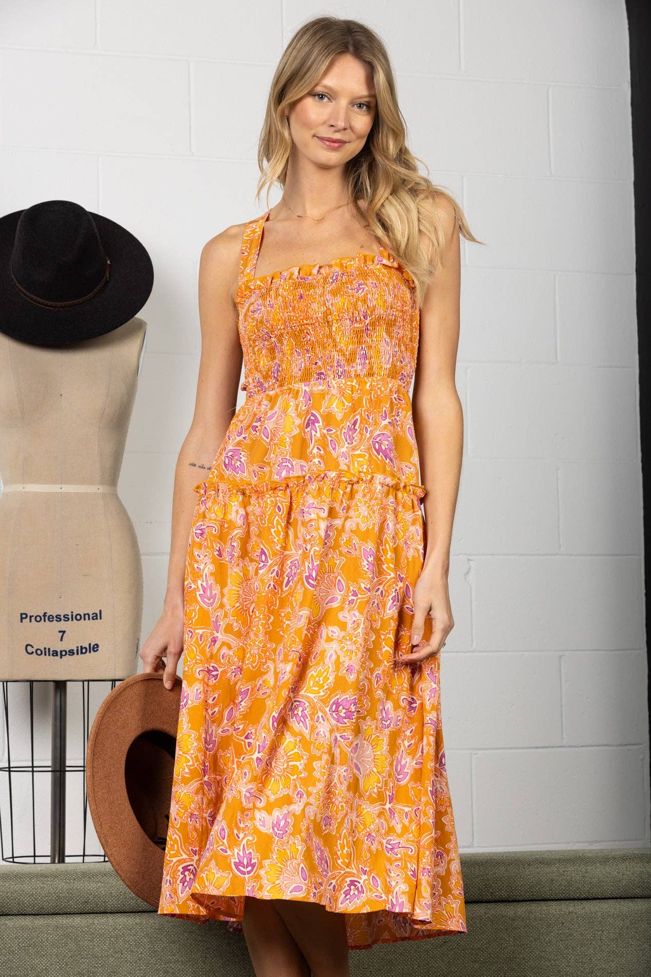 VANESSA ORANGE TIERED SLEEVELESS SELF TIE OPEN BACK MAXI DRES