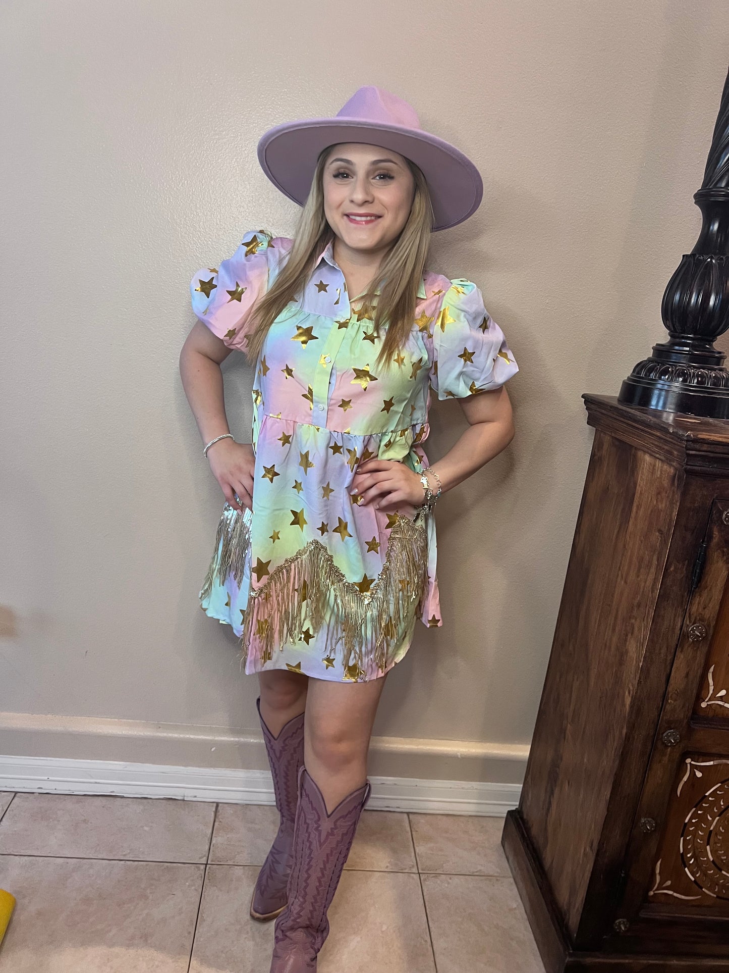 Foil star shirt dress with gold sequins fringe
