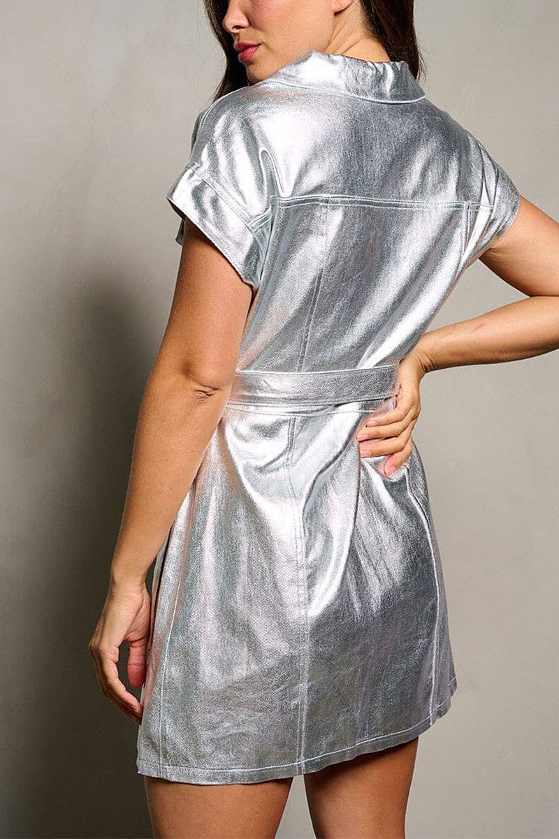 SHORT SLEEVE BUTTON UP SELF TIE MELONY METALLIC DRESS