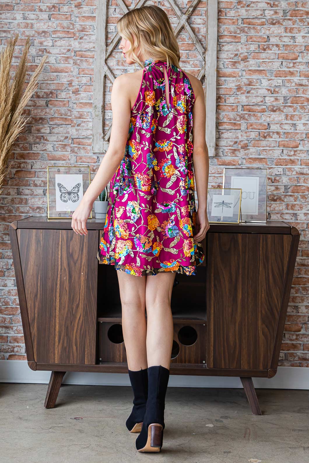BL71333W-Sequin Floaral Emboid Hulter Mini Dress