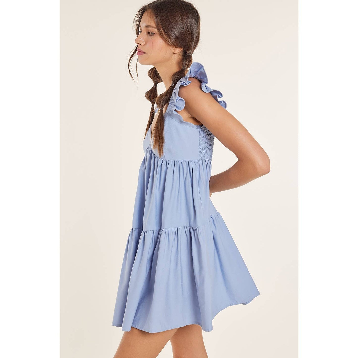 RUFFLED SHOULDER BABYDOLL MINI DRESS