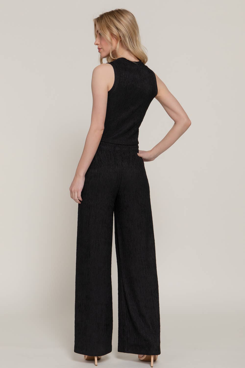 LOUNGE SET Sleeveless Crew Neck Top & Wide Crinkle Knit Pants Set by