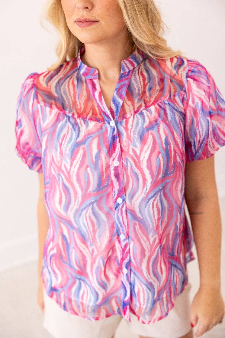 Abstract Stripe Puff Sleeve Blouse