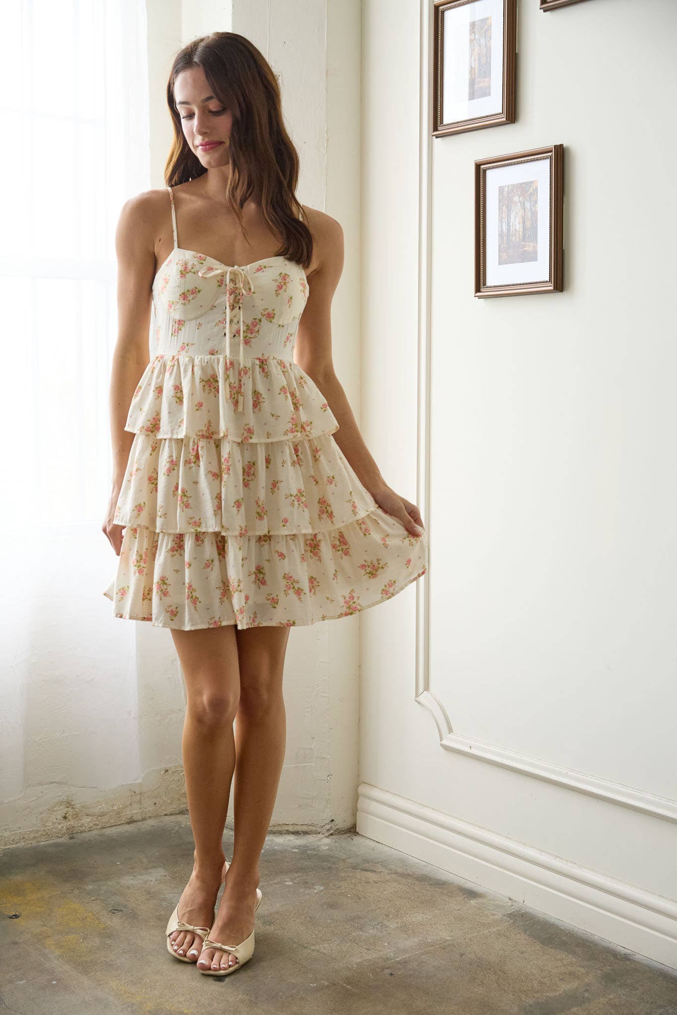 LACEY LACE UP RUFFLE TIERED MINI DRESS