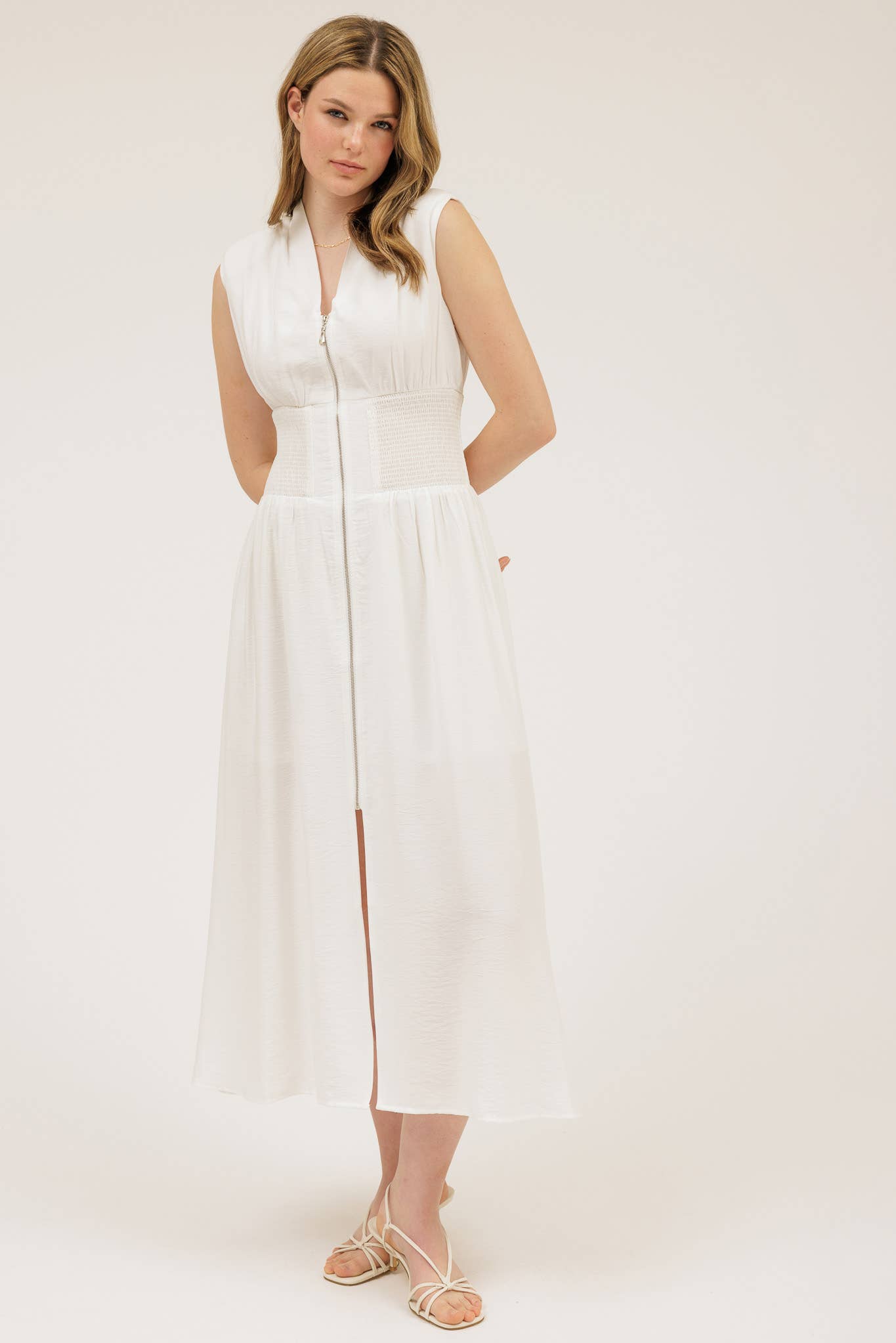 Sylvia SLEEVELESS ZIP-UP SMOCKED WAIST MIDI DRESS