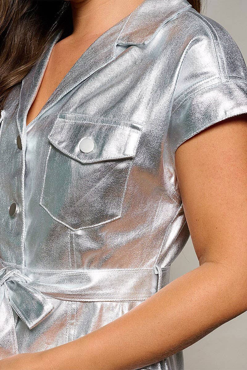 SHORT SLEEVE BUTTON UP SELF TIE MELONY METALLIC DRESS