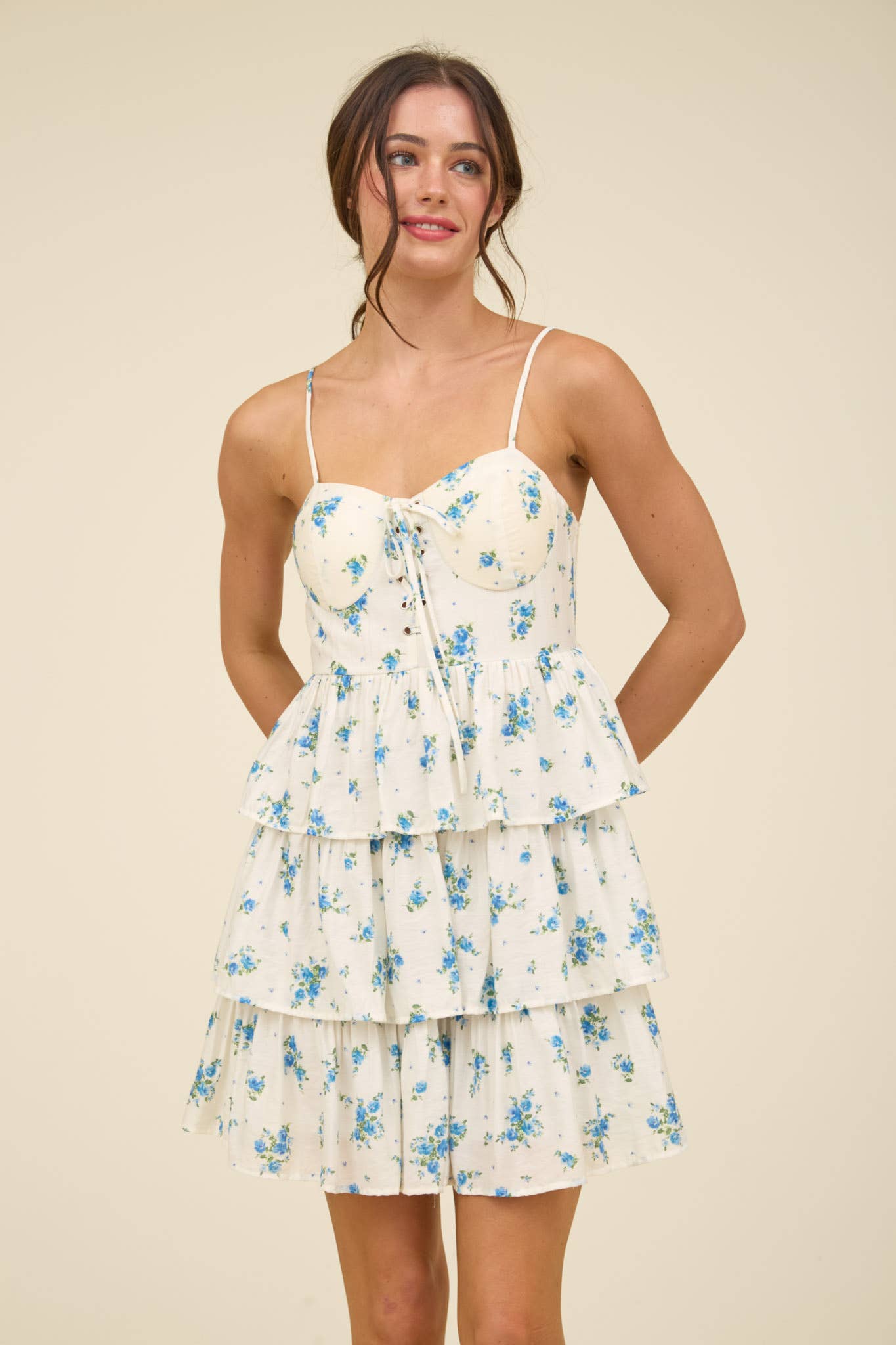 LACEY LACE UP RUFFLE TIERED MINI DRESS