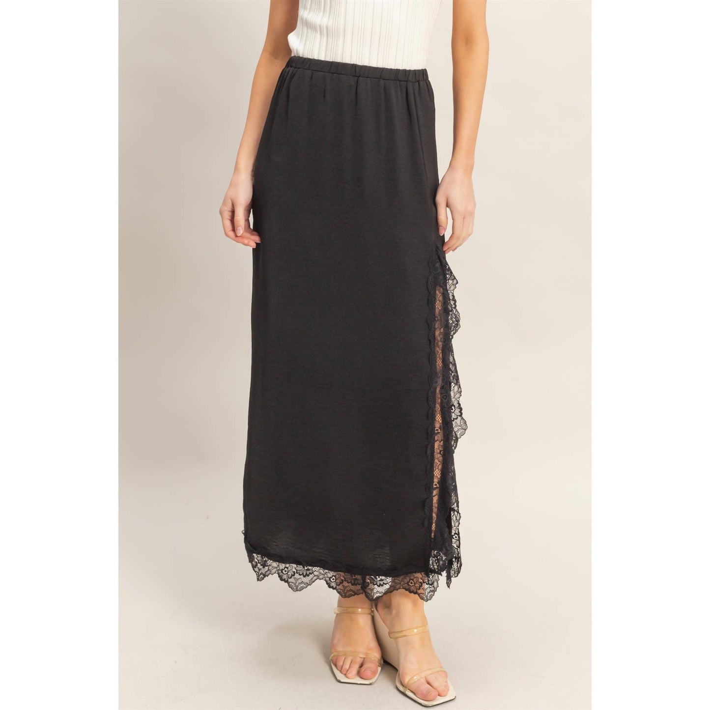 Skirt With Front Slit And Lace Hem