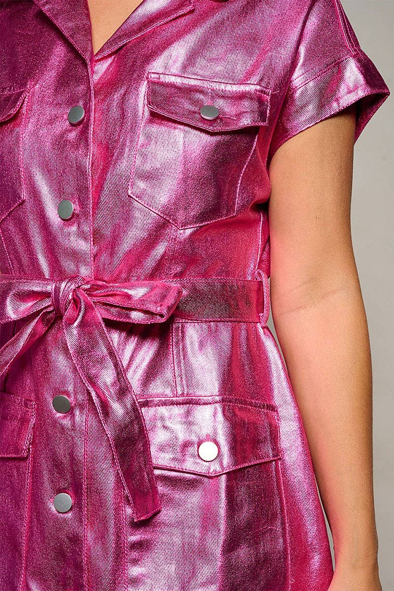 SHORT SLEEVE BUTTON UP SELF TIE MELONY METALLIC DRESS
