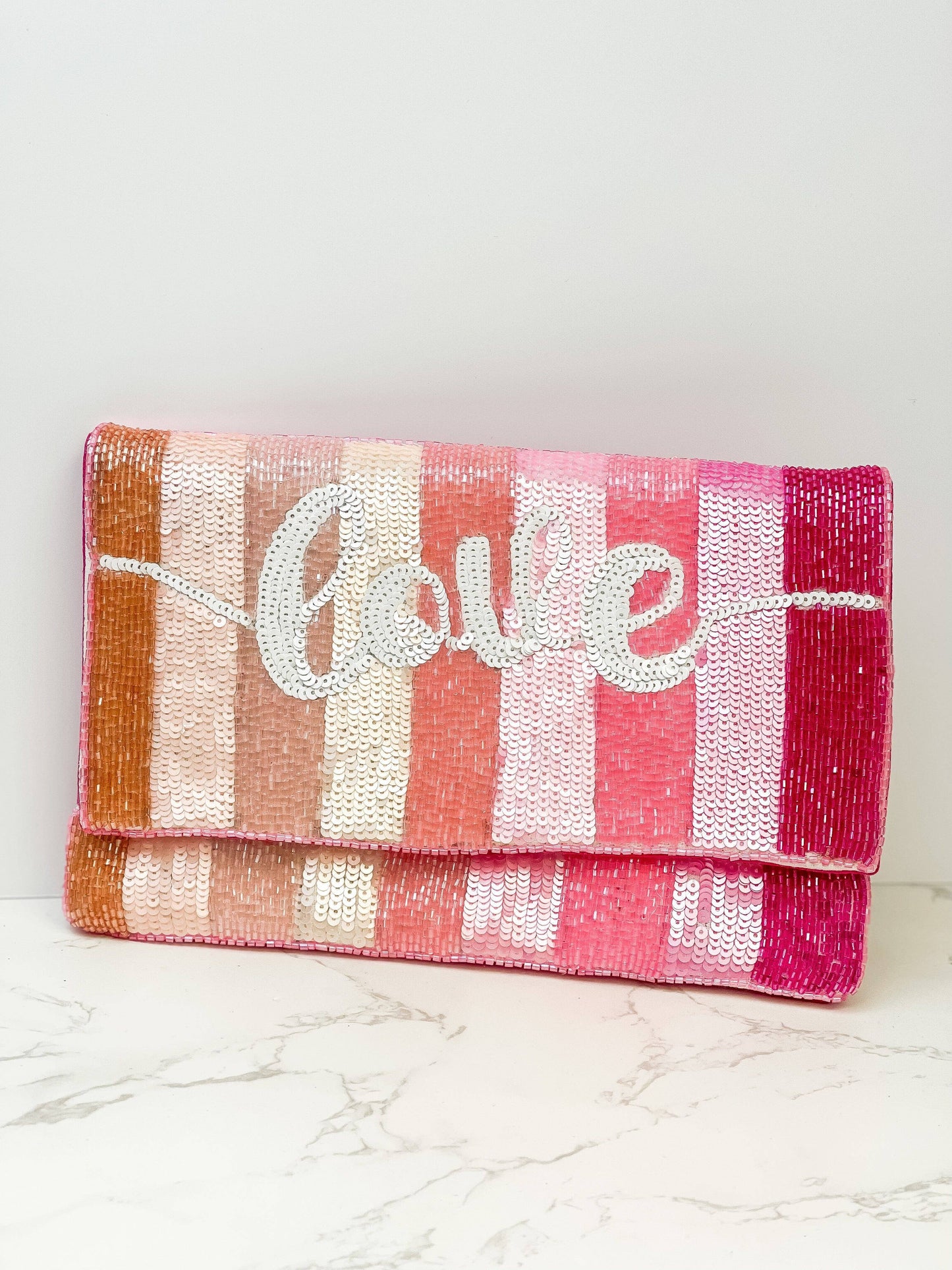 'Love' Stripe Beaded Clutch
