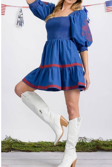 Emma embroidered puff sleeve tie back dress