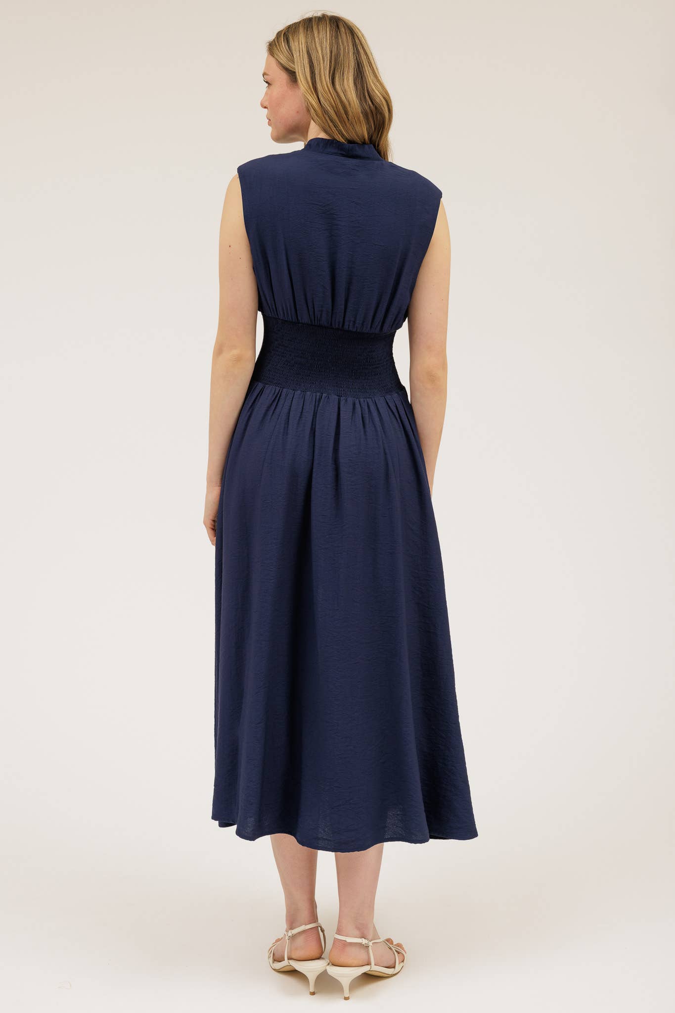Sylvia SLEEVELESS ZIP-UP SMOCKED WAIST MIDI DRESS