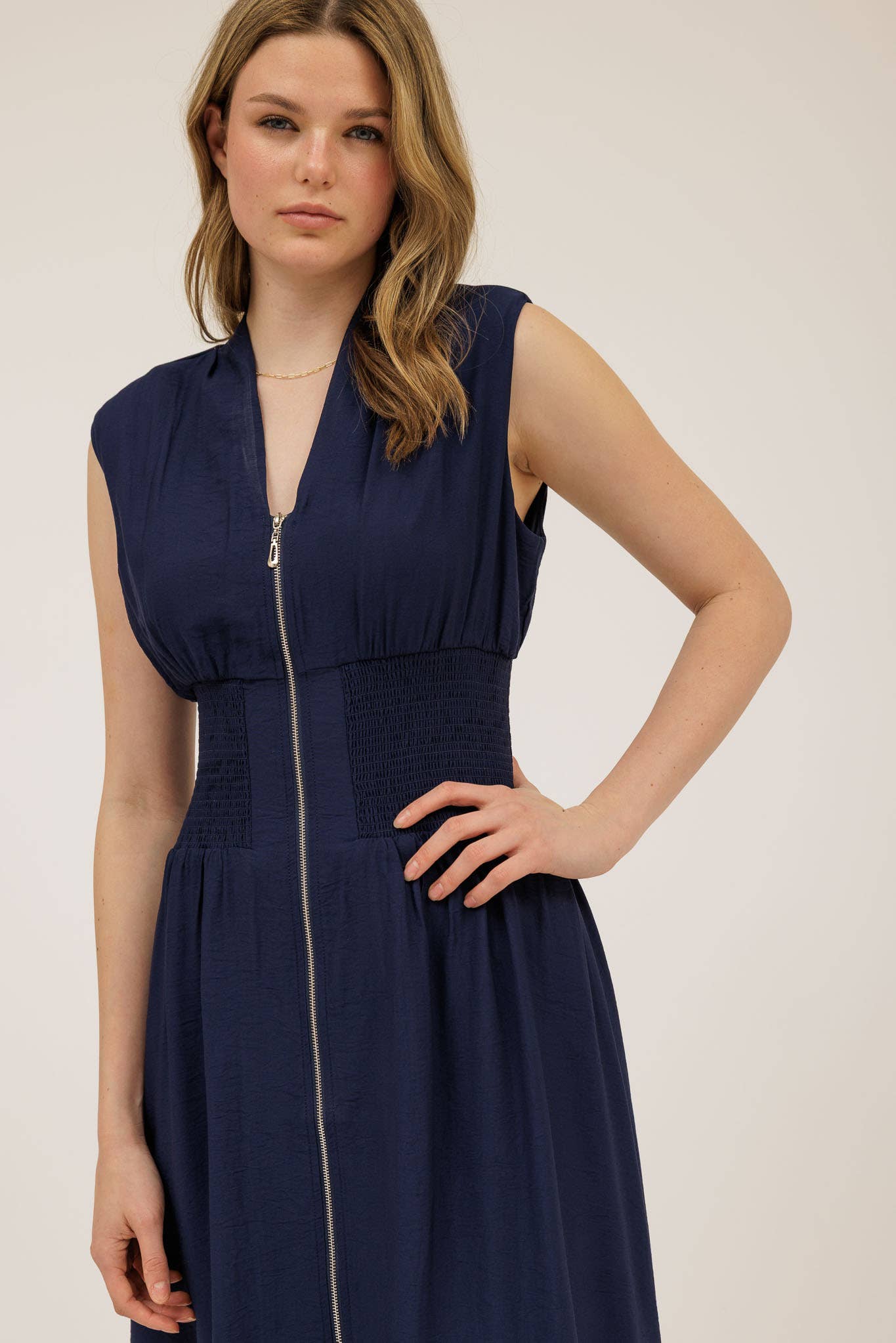 Sylvia SLEEVELESS ZIP-UP SMOCKED WAIST MIDI DRESS