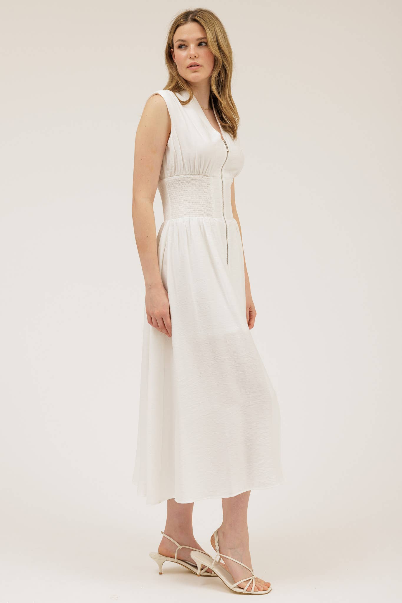 Sylvia SLEEVELESS ZIP-UP SMOCKED WAIST MIDI DRESS