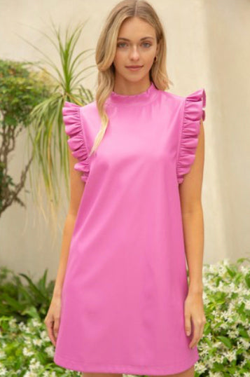 Ruffle sleeve high neck faux leather dress