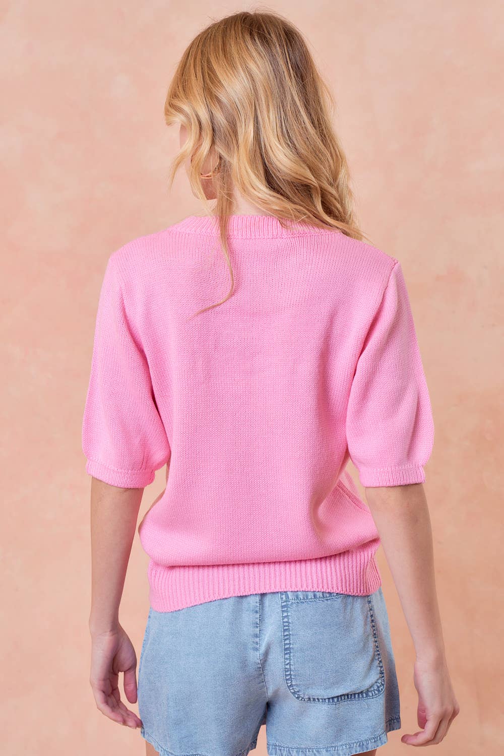LOVE YOU Embroidery Puff Short Sleeve Sweater Top -