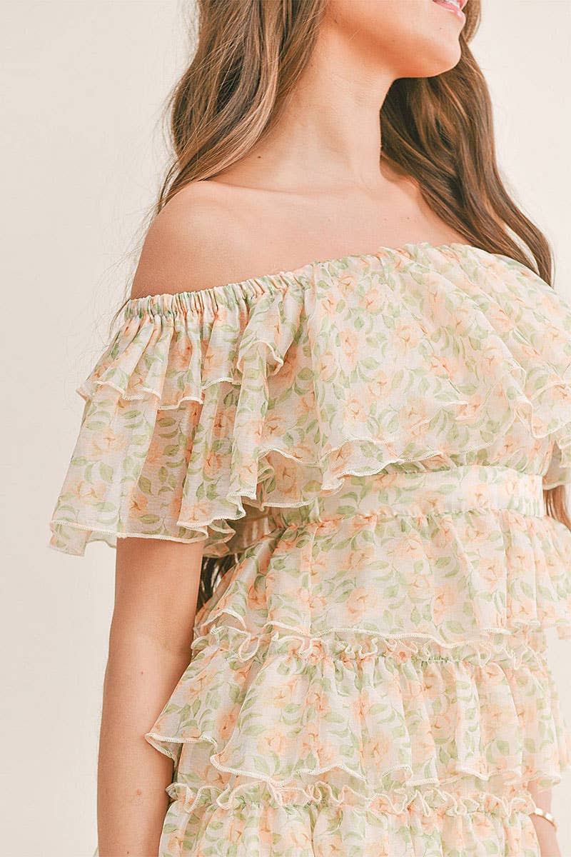 MONICA OFF SHOULDER TIERED RUFFLE FLORAL MINI DRESS
