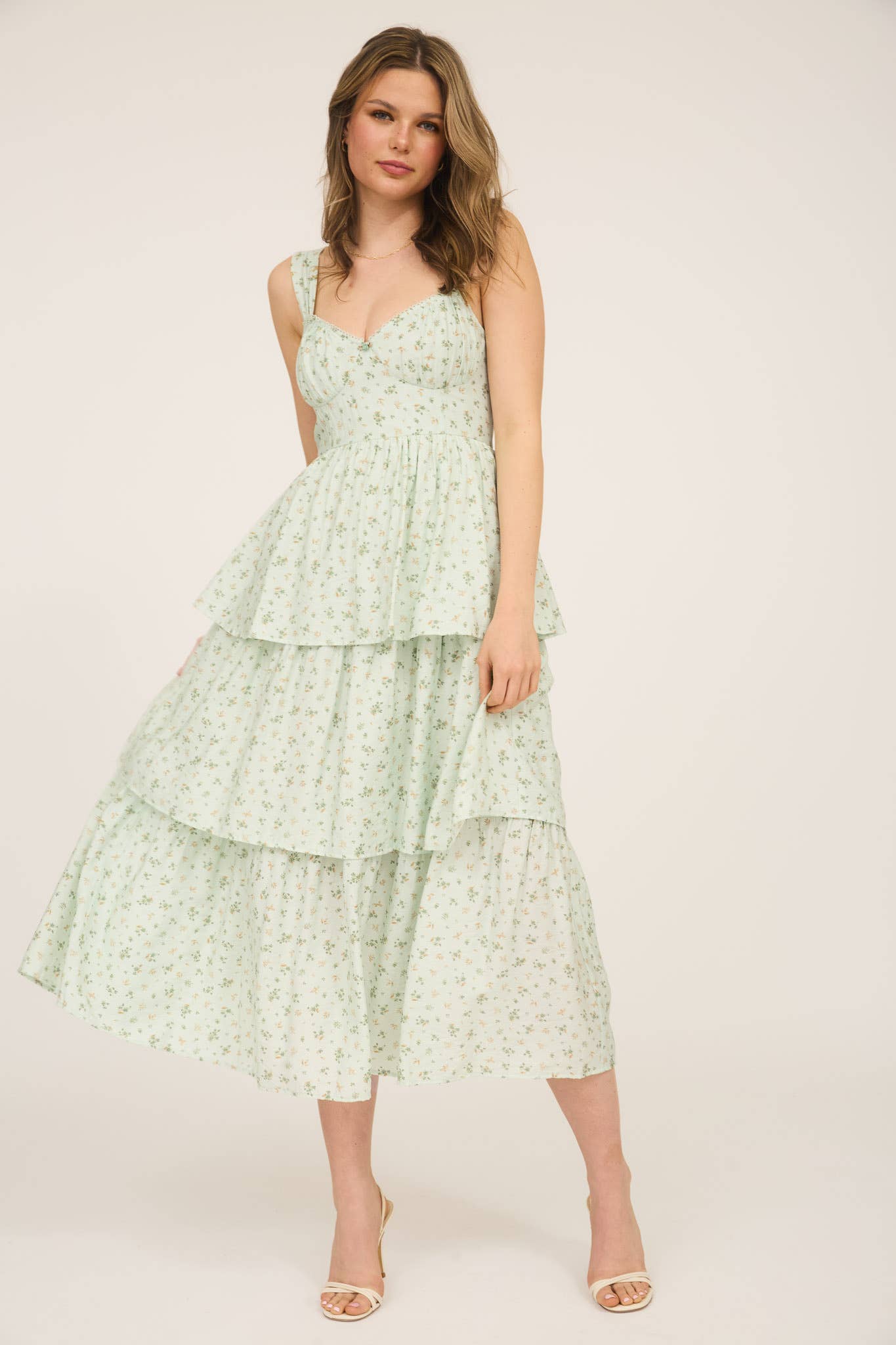 Fabiola FLORAL SLEEVELESS CORSET RUFFLE TIERED MIDI DRESS