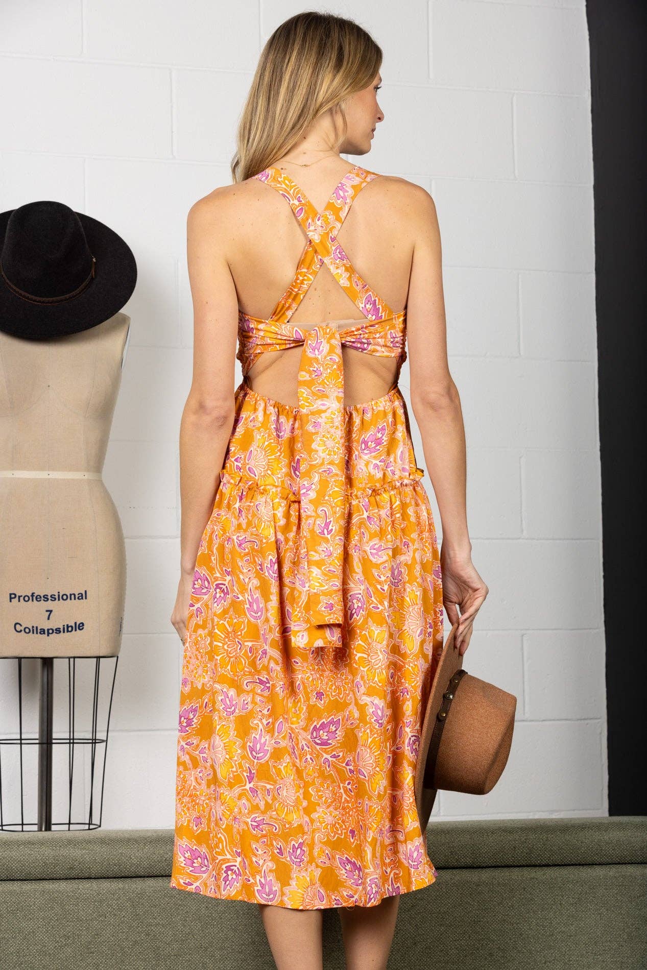 VANESSA ORANGE TIERED SLEEVELESS SELF TIE OPEN BACK MAXI DRES