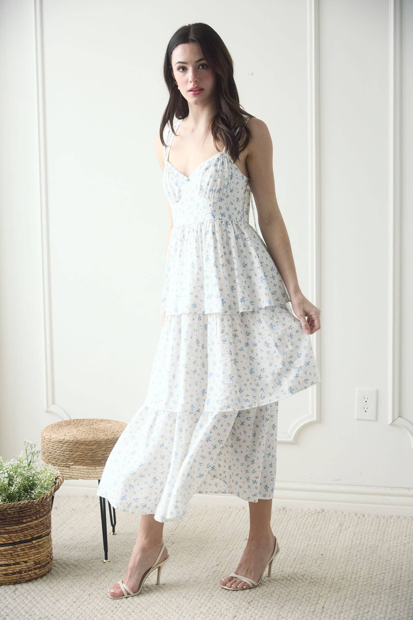 Fabiola FLORAL SLEEVELESS CORSET RUFFLE TIERED MIDI DRESS