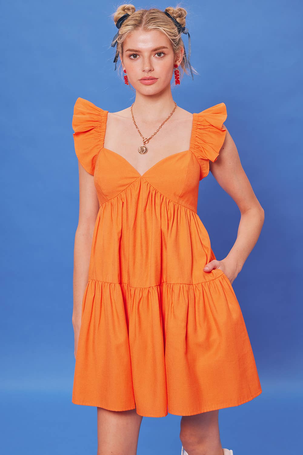 RUFFLED SHOULDER BABYDOLL MINI DRESS