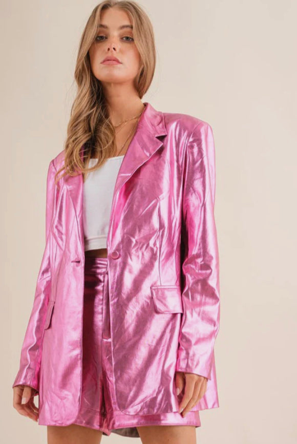 Metallic Pink single blazer with shorts set