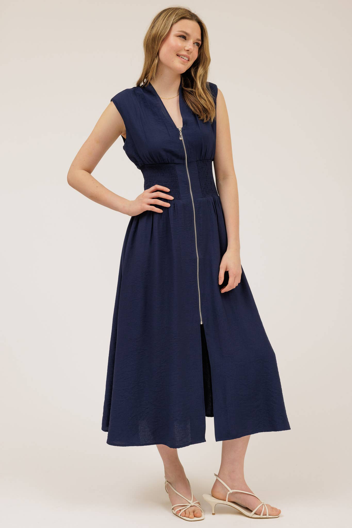 Sylvia SLEEVELESS ZIP-UP SMOCKED WAIST MIDI DRESS