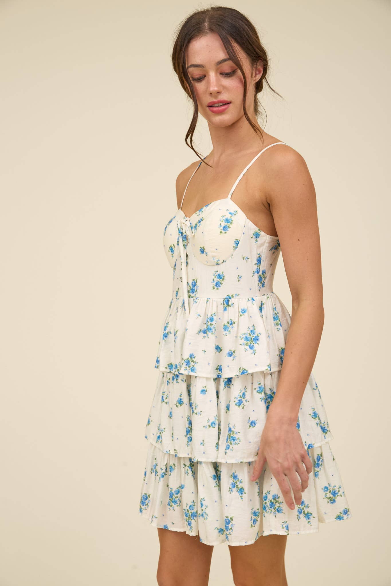 LACEY LACE UP RUFFLE TIERED MINI DRESS