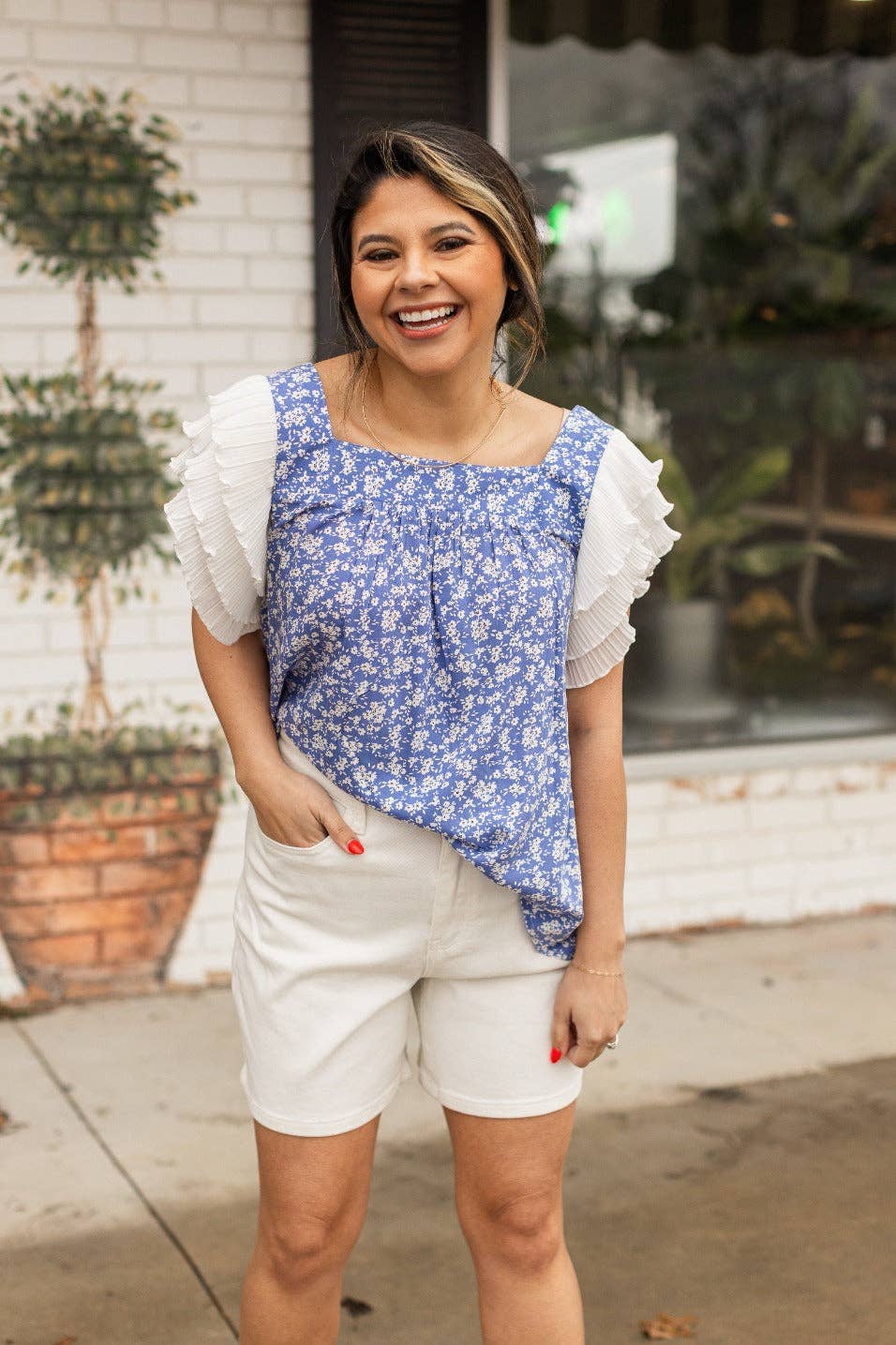 Blue Floral Blouse Ruffle Sleeve
