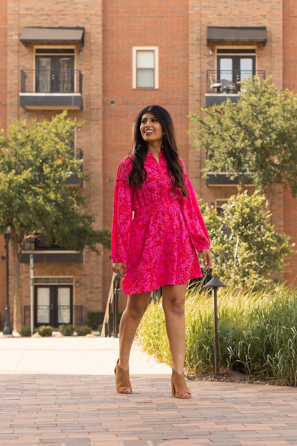 Rosy Fusion Button Down Dress, Red and Pink