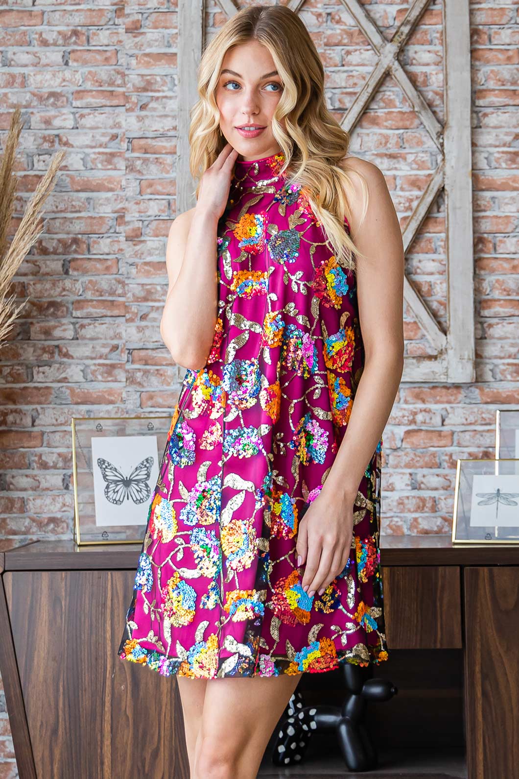 BL71333W-Sequin Floaral Emboid Hulter Mini Dress